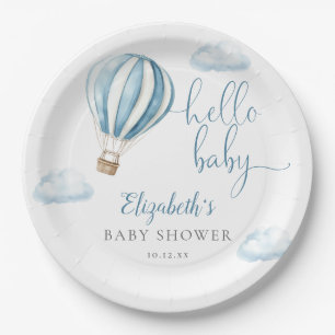 Hello Baby Blue Hot Air Balloon Baby Shower Paper Plate
