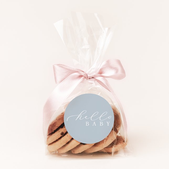 Hello Baby Blue Minimalist Script Baby Shower Classic Round Sticker (Creator Uploaded)