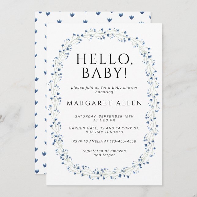 Hello Baby Blue Wildflower Botanical Baby Shower Invitation (Front/Back)