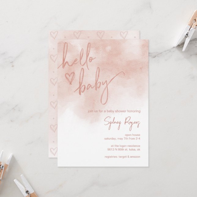 Hello Baby Blush Pink Baby Girl Shower Invitation  (Front/Back In Situ)