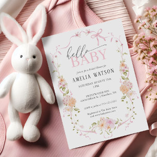 Hello Baby Blush Pink Floral Pink Bow Baby Shower Invitation