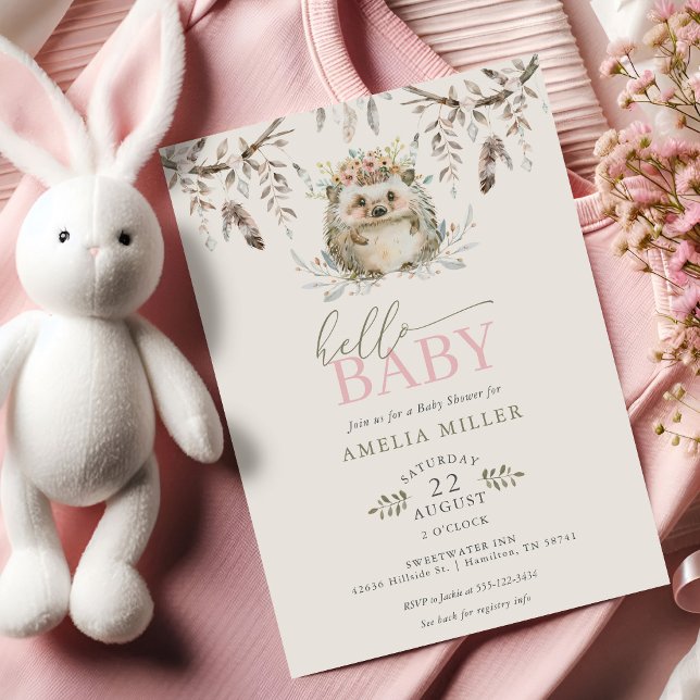 Hello Baby Boho Hedgehog Girl Baby Shower Invitation (Hello Baby Boho Hedgehog Girl Baby Shower Invitation)