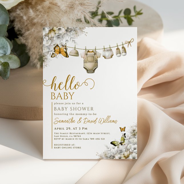 Hello Baby Botanical Clothes Neutral Baby Shower Invitation (Creator Uploaded)