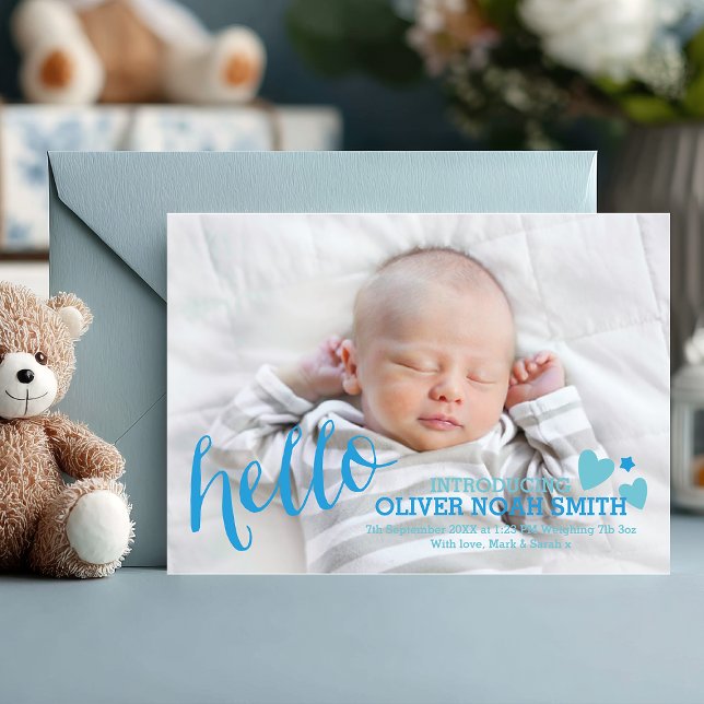 Hello Baby Boy Birth Announcement Photo Card (Hello, little one 💙 Share your joy with this charming blue photo birth announcement card.)