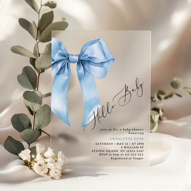 Hello Baby Boy Blue bow Baby shower Acrylic Invitations (Creator Uploaded)