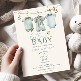 Hello Baby Boy Clothesline Boho Baby Shower Invitation