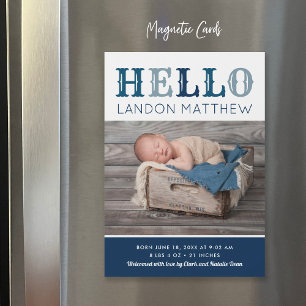 Hello Baby Boy Magnetic Photo Birth Announcement