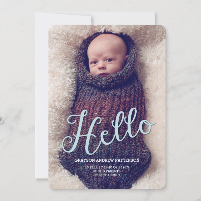 Hello Baby Boy Modern Birth Announcement Photocard (Front)