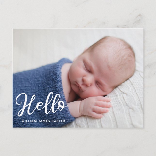 Hello Baby Boy Photo Simple Birth Announcement Postcard (Front)
