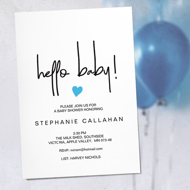 Hello Baby Boy Shower Invite With Blue Heart (Creator Uploaded)