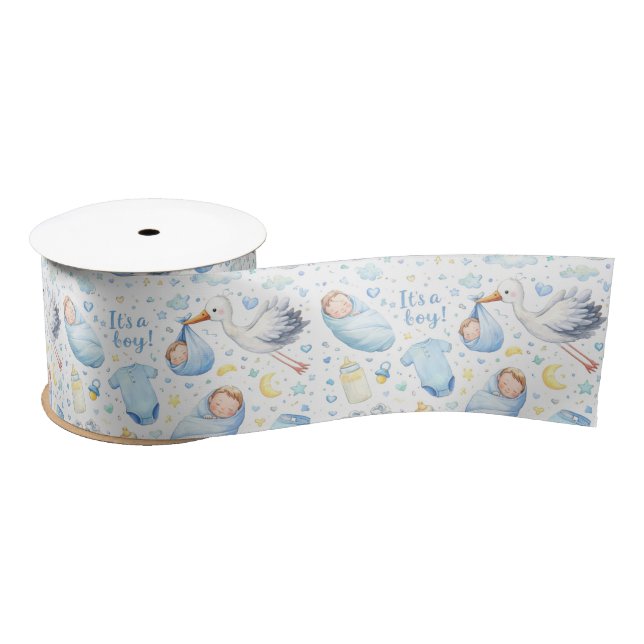 Hello Baby Boy – Watercolor Pattern Design Satin Ribbon (Spool)