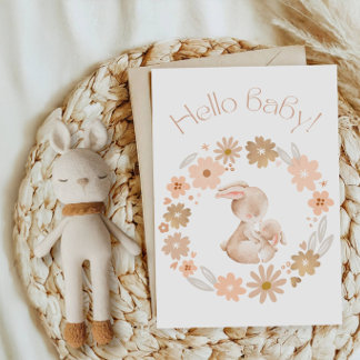 Hello Baby Bunny Baby Shower-Cute Rabbits & Flower Invitation