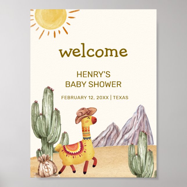 Hello Baby Cactus Llama Cowboy Baby Shower Welcome Poster (Front)