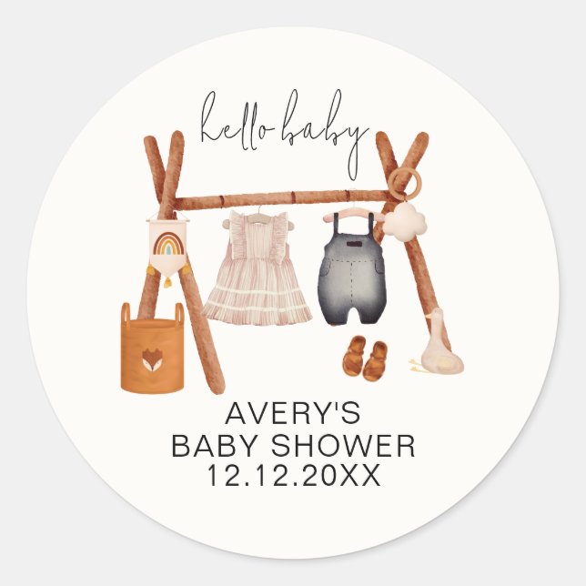 Hello Baby | Cute Boho Clothes Baby Shower  Classic Round Sticker (Front)