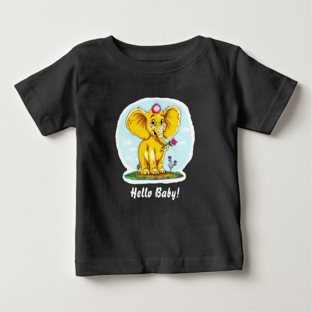 Hello Baby! – Cute Elephant Baby T-Shirt (Black) (Front)