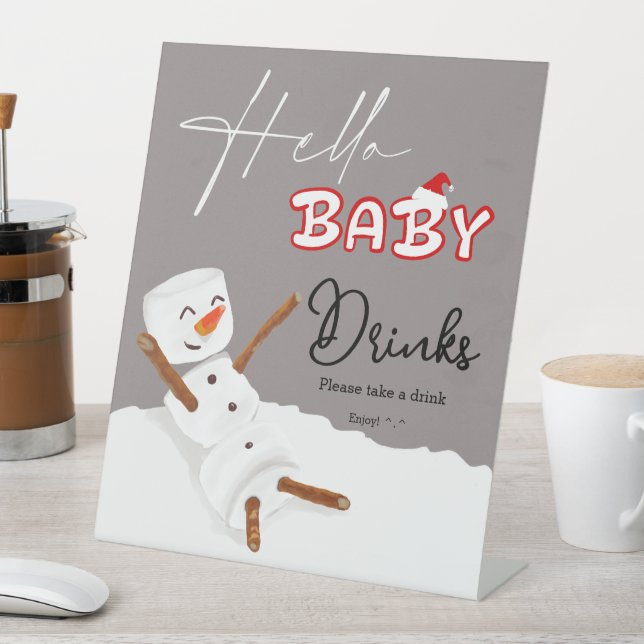 Hello Baby Cute Snowman Baby Shower Drinks Pedestal Sign (In SItu)