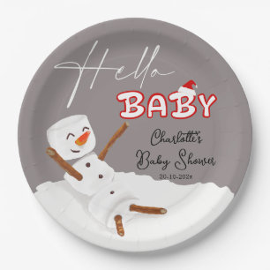 Hello Baby Cute Snowman Baby Shower Paper Plate