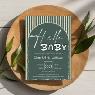 Hello Baby Dark Green Stripes Baby Shower Invitation