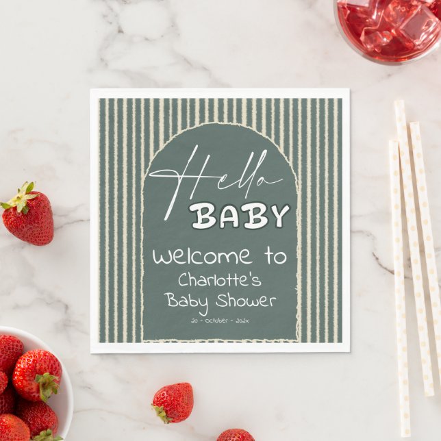 Hello Baby Dark Green Stripes Baby Shower Napkin (Insitu)