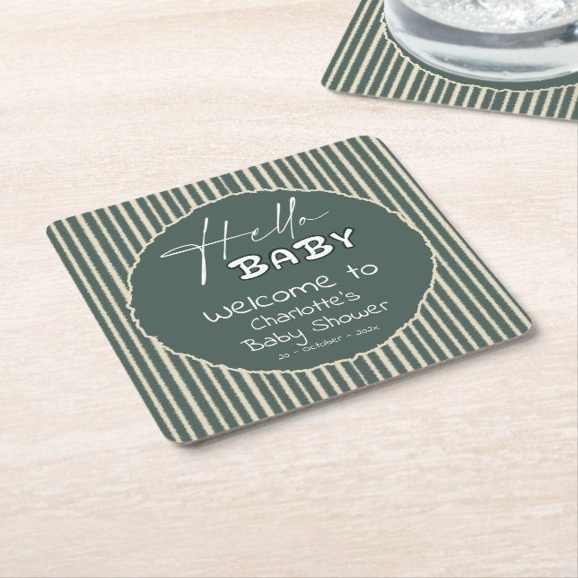Hello Baby Dark Green Stripes Baby Shower Square Paper Coaster (Angled)