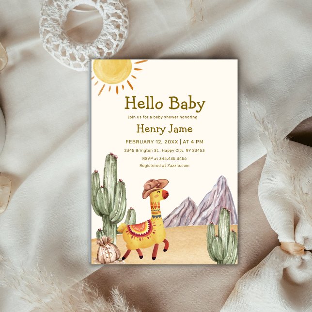 Hello Baby Desert Cactus Llama Cowboy Baby Shower  Invitation (Hello Baby Desert Cactus Llama Cowboy Baby Shower Invitation)