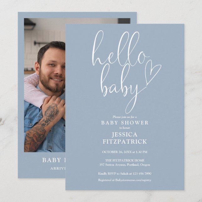 Hello Baby Dusty Blue Boy Photo Baby Shower Invitation (Front/Back)
