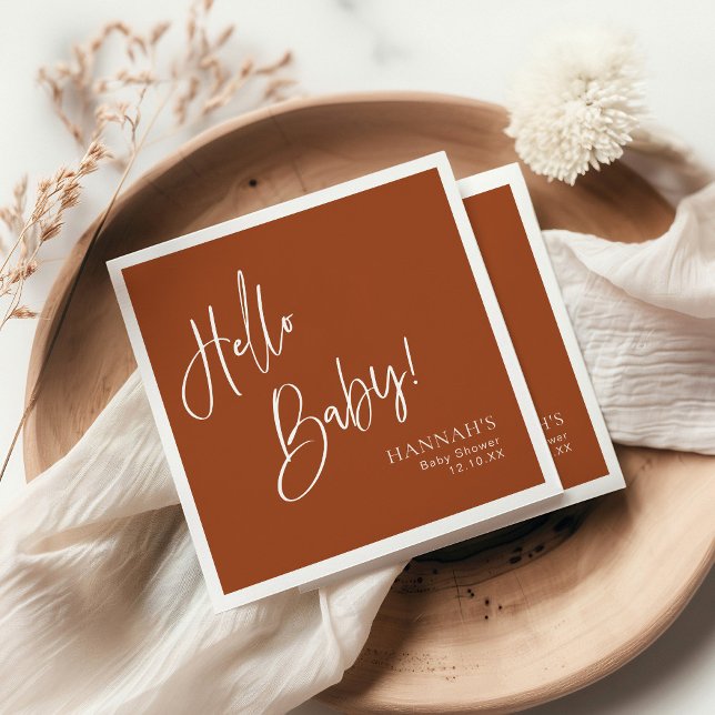 Hello Baby Earthy Terracotta Bohemian Baby Shower Napkin (Creator Uploaded)