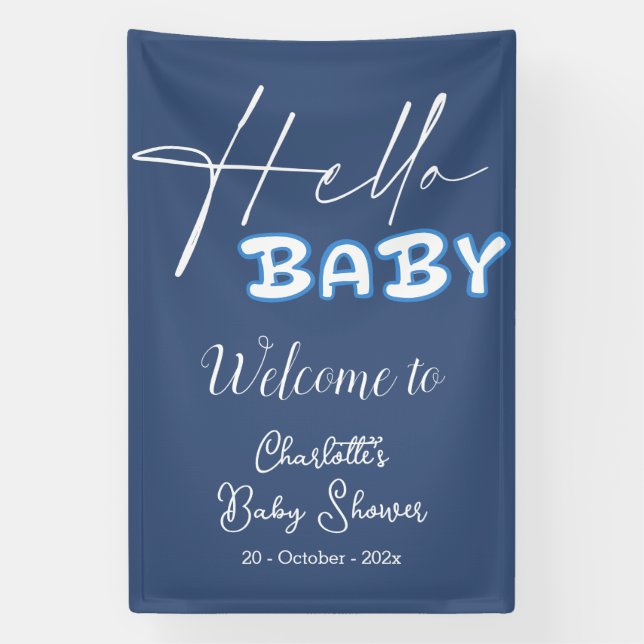 Hello Baby Elegant Dark Blue Baby Shower Banner (Vertical)