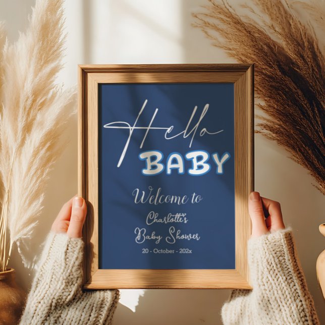 Hello Baby Elegant Dark Blue Baby Shower Welcome Poster (Creator Uploaded)