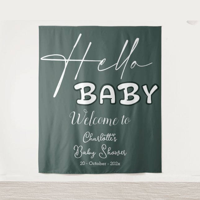 Hello Baby Elegant Dark Green Baby Shower Backdrop Tapestry (Front)