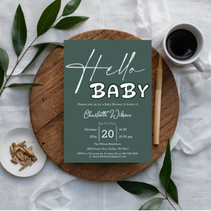 Hello Baby Elegant Dark Green Baby Shower Invitation