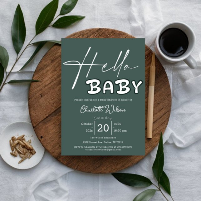Hello Baby Elegant Dark Green Baby Shower Invitation (Creator Uploaded)