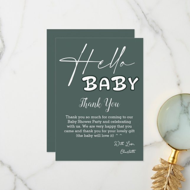 Hello Baby Elegant Dark Green Baby Shower Thank You Card (Front/Back In Situ)