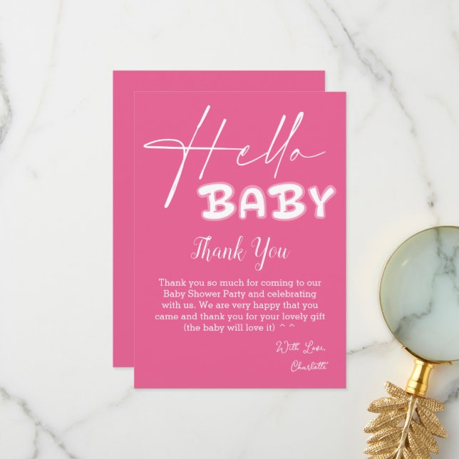 Hello Baby Elegant Dark Pink Baby Shower Thank You Card (Front/Back In Situ)