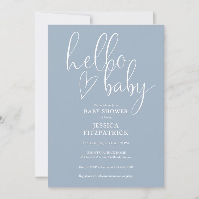 Hello Baby Elegant Script Dusty Blue Baby Shower Invitation (Front)