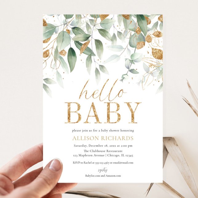 Hello Baby Gender Neutral greenery gold shower Invitation (Creator Uploaded)