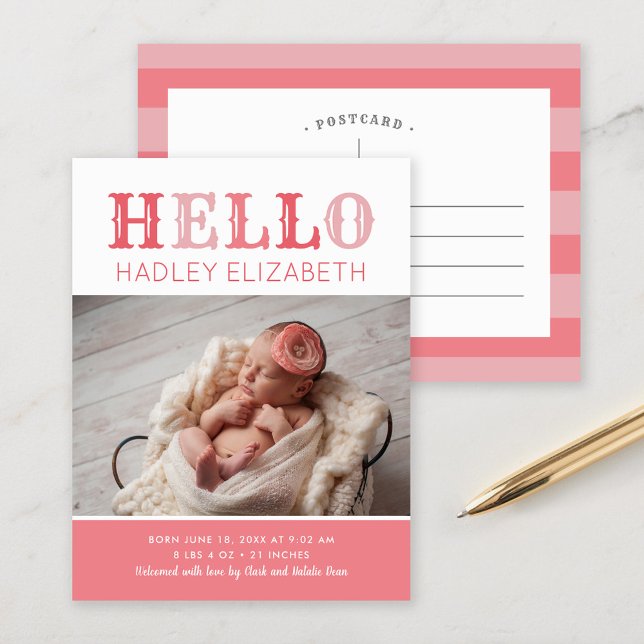 Hello Baby Girl Photo Birth Announcement Postcard (Creator Uploaded)