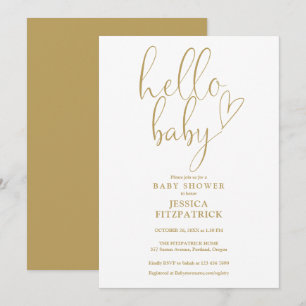 Hello Baby Gold Heart Script Baby Shower Invitation