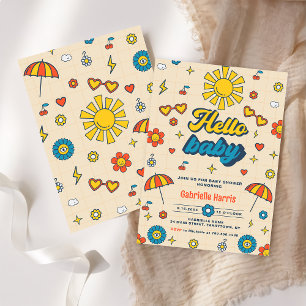 Hello Baby Groovy Retro Daisy Baby Shower Party  Invitation