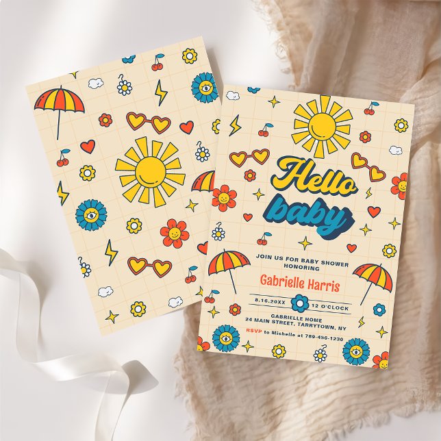 Hello Baby Groovy Retro Daisy Baby Shower Party  Invitation (Creator Uploaded)