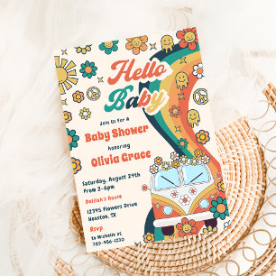 Hello Baby Groovy Retro Floral Baby Shower Party Invitation