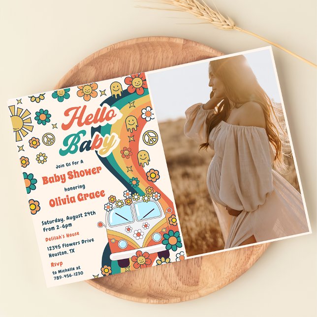 Hello Baby Groovy Retro Floral Baby Shower Party Invitation (Creator Uploaded)