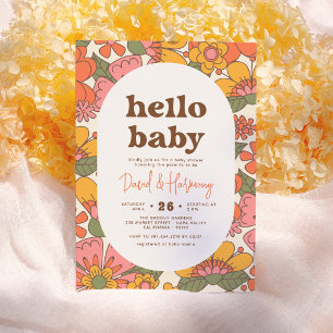 Hello Baby   Groovy Retro Flowers Boho Baby Shower Invitation