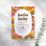Hello Baby | Groovy Retro Flowers Boho Baby Shower Invitation<br><div class="desc">Retro baby shower invitations featuring midcentury modern arches, flower power patterns, and groovy type. The front of this card features a floral pattern background with a white oval overlay in the centre. The warm vintage colour palette of brown, yellow, orange, cream, and green hues gives a real 70s touch. The...</div>