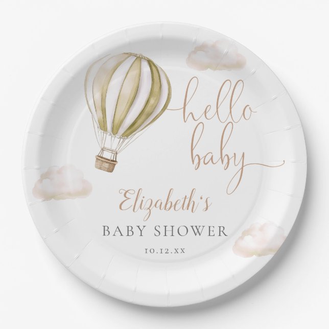 Hello Baby Hot Air Balloon Neutral Baby Shower Paper Plate (Front)