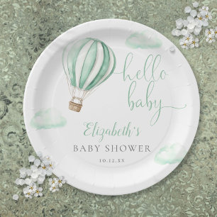 Hello Baby Hot Air Balloon Neutral Baby Shower Paper Plate