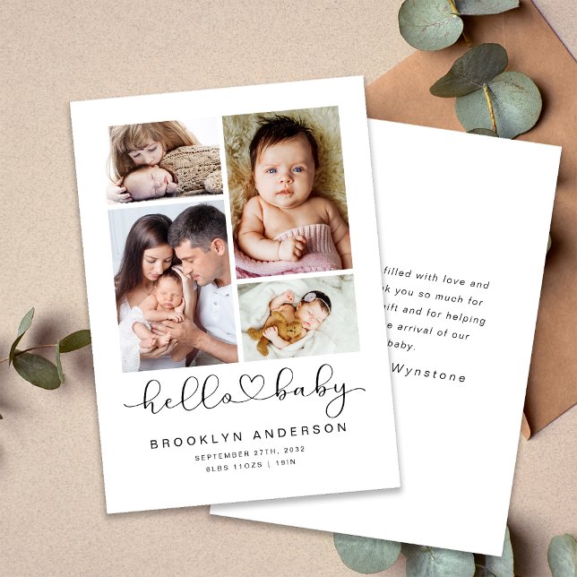 Hello Baby Modern Four Photo New Baby Thank You Card (Creator Uploaded)