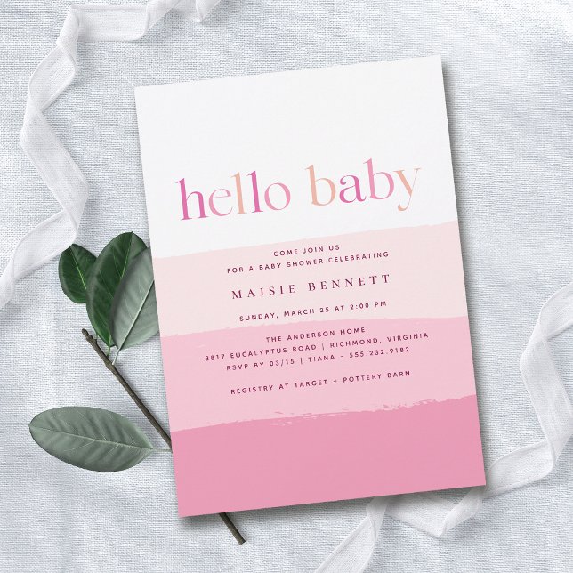 Hello Baby | Modern Pink Ombre Girl Baby Shower Invitation (Creator Uploaded)