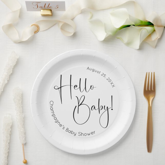 Hello Baby Modern Script Baby Shower Paper Plate (Wedding)