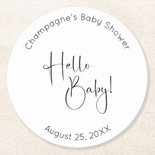 Hello Baby Modern Script Baby Shower Round Paper Coaster